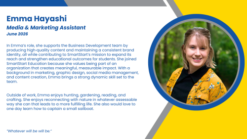 Headshot and written bio of employee who assists with external facing content management for K-12 education programs.