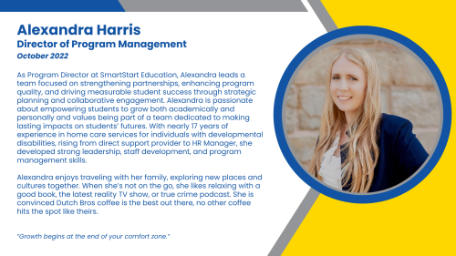 Bio of Director of Program Management, Alexandra, who oversees Steve Carter Literacy and Accelerate Grant programs.