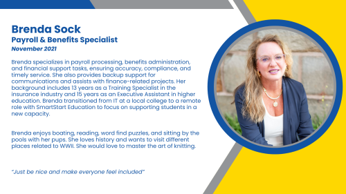 Bio of Payroll and Benefits Specialist, Brenda, who ensures proper payment and benefit administration of high-dosage tutors.
