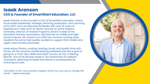 Bio of the founder and CEO of SmartStart Education, a company providing high-dosage tutors and K-12 staffing.