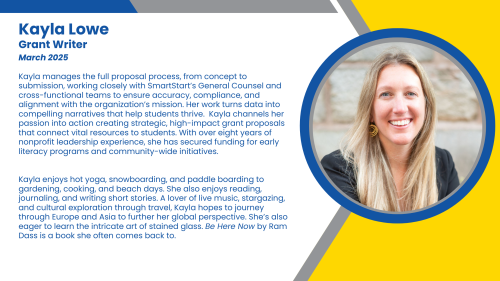 Bio of Grant Writer, Kayla, who manages the full proposal process for new high-dosage tutoring and K-12 staffing programs.