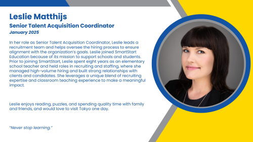 Bio of Senior Talent Acquisition Coordinator, Leslie, who oversees recruitment and hires high-impact tutors.