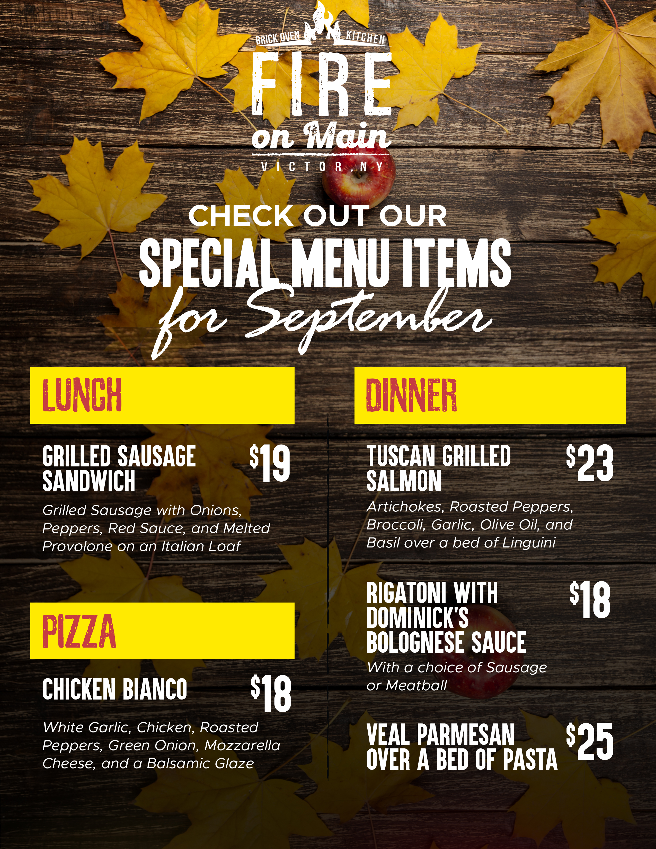 lunch dinner pizza and dessert specials