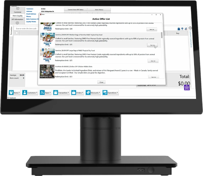 Computer monitor displaying a list of pet food offers with product images and descriptions.
