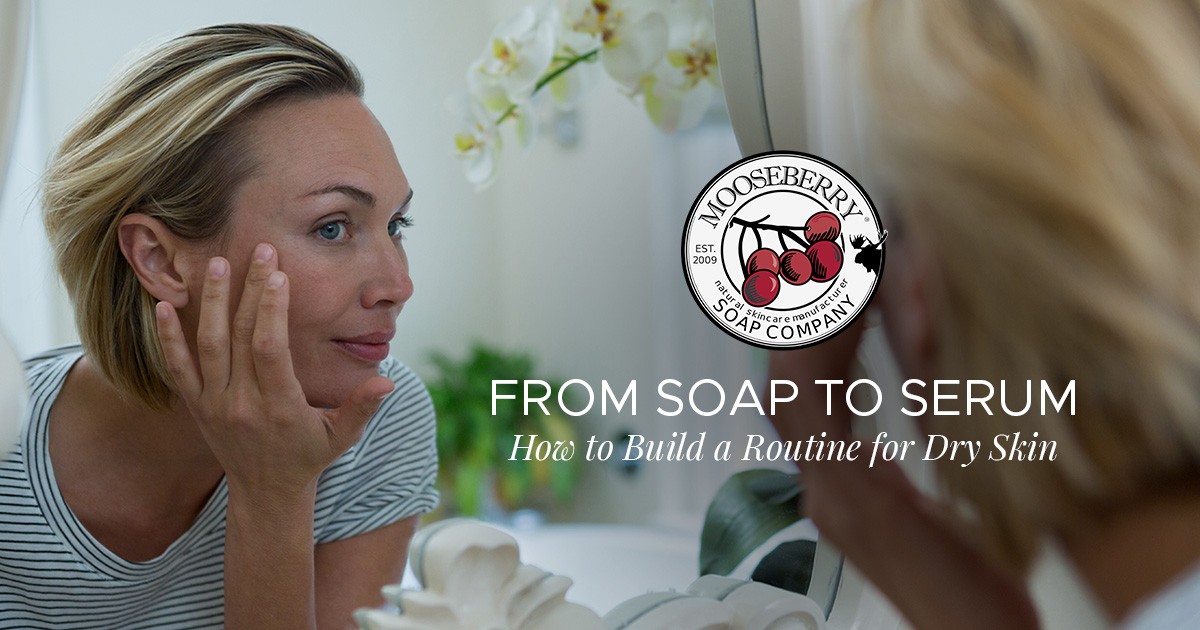 Woman touching her face in the mirror with From Soap to Serum skincare routine text overlay.
