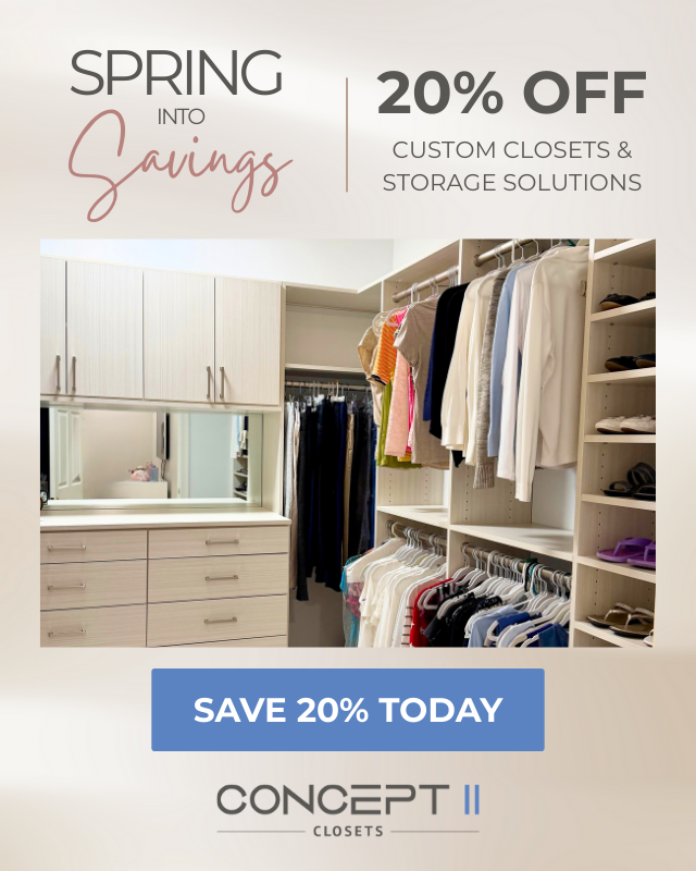Modern walk-in closet with organized clothes and a 20 off spring savings promotion for storage.
