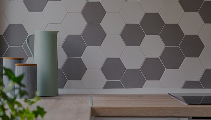 gray and white hexagon backsplash