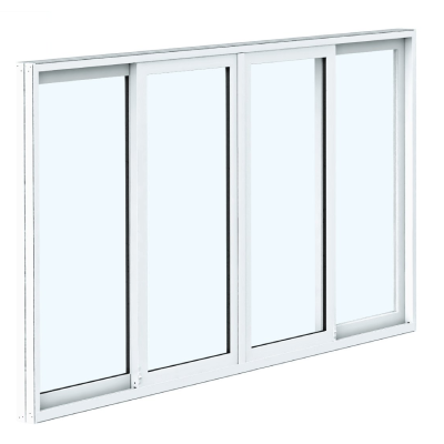 A white-framed four-panel sliding glass window on a plain background.