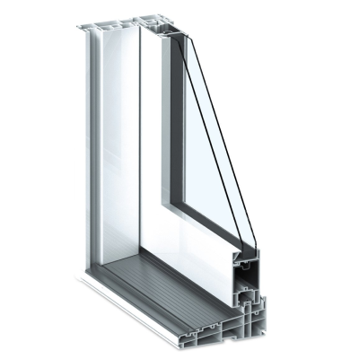 Cross-section of a double-glazed door frame showing layers of glass and insulation.