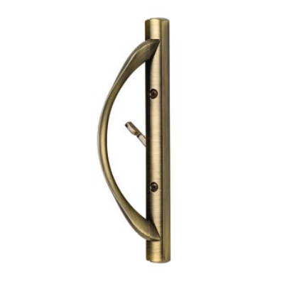 Brass door handle with a curved grip and a small lever on a vertical metal plate.