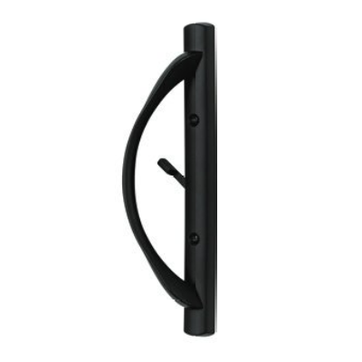 Black oil rubbed bronze door handle with a curved grip and a small lever on a white background.