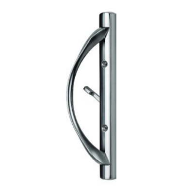 Silver chrome metal door handle with a lever, mounted on a vertical rectangular base.