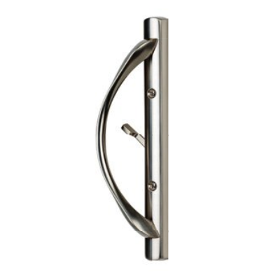 Silver nickel metal door handle with a thumb latch, mounted on a vertical metal plate.