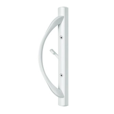 White vertical door handle with a curved grip and a small latch on a plain background.
