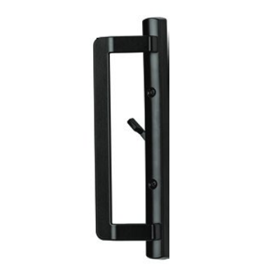 Black rectangular door handle with a vertical lever, shown from the side on a white background.