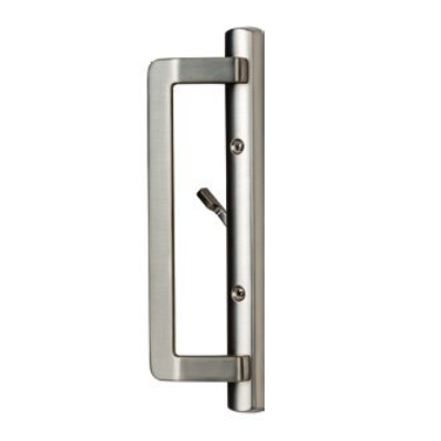 Rectangular brushed satin nickel metal door handle with a lock on a white background.