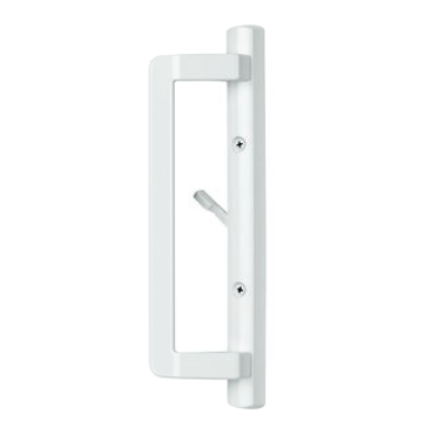 White metal door handle with a rectangular grip, mounted on a vertical backplate.