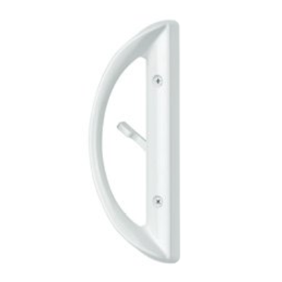 White handle with a curved grip, mounted vertically with two screws, against a plain background.