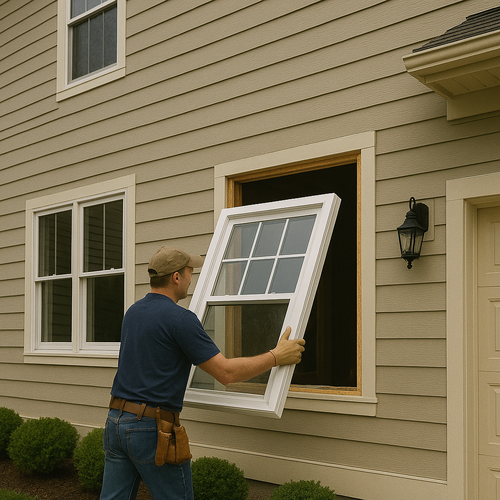 A man installs a new window in the exterior wall of a beige house.