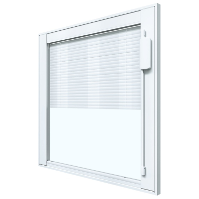White-framed window with closed horizontal blinds and a vertical control rod on the right side.