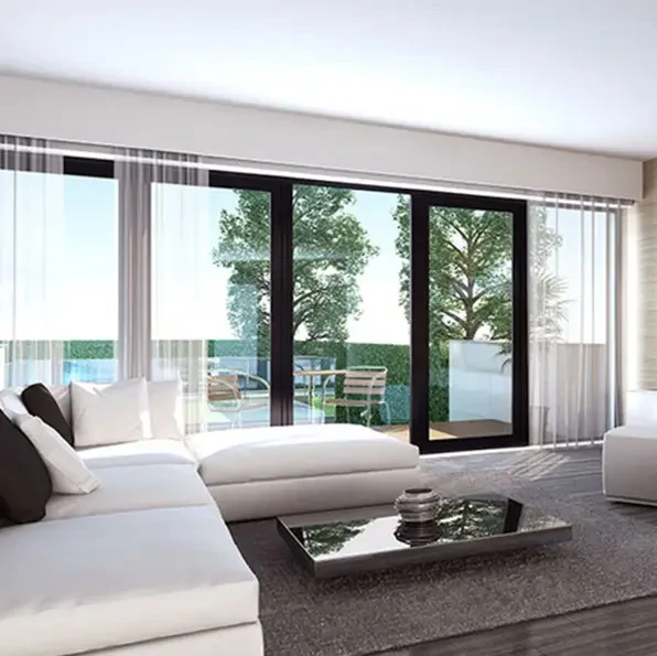 A light blue front door with glass panes, set in a beige brick wall, is partially open.