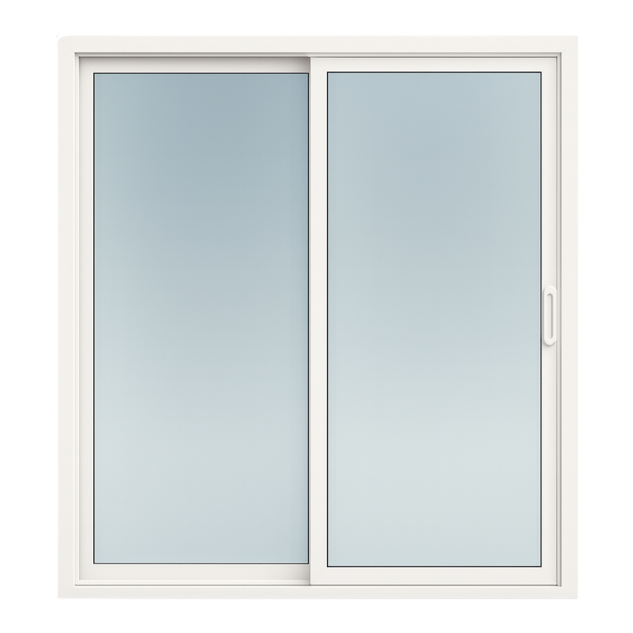 White-framed glass sliding window with two panels, one fixed and one moveable, on a white background.