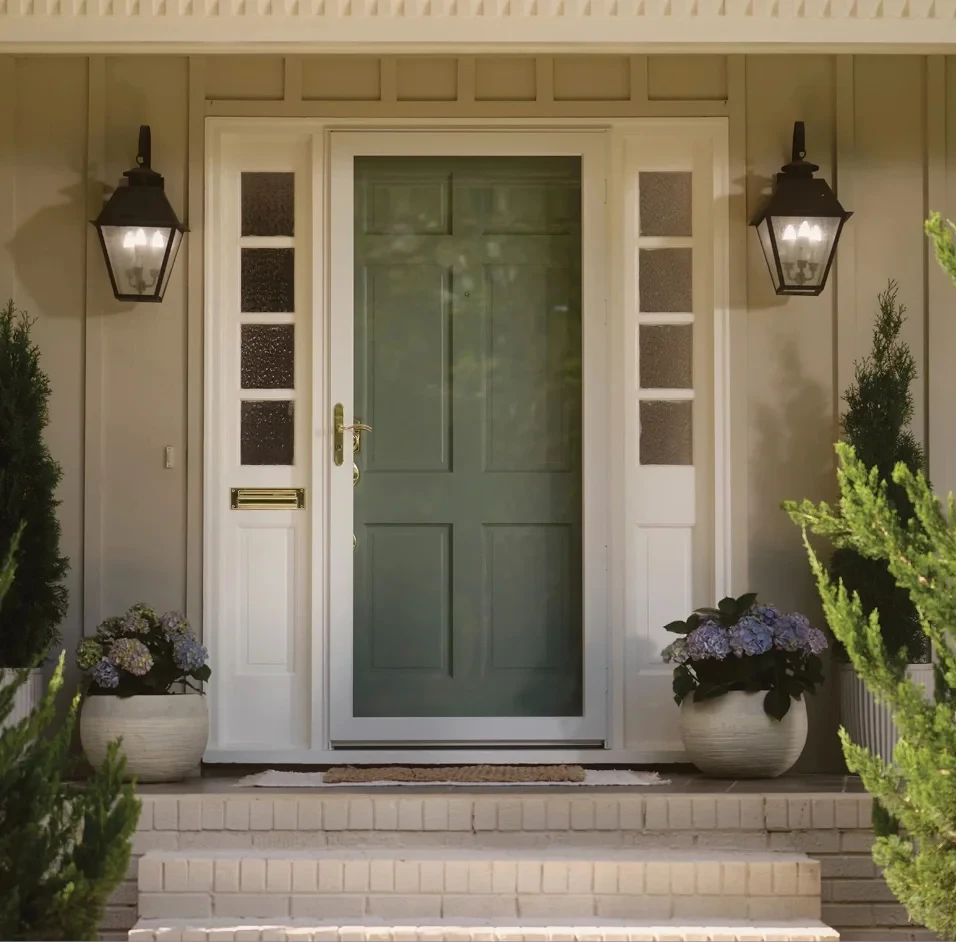 Close-up of a dark wooden front door with glass panels, surrounded by green plants and flowers.