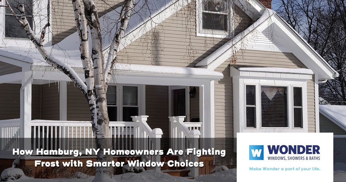 A snowy house exterior with icicles, white porch, and Wonder Windows home improvement ad.