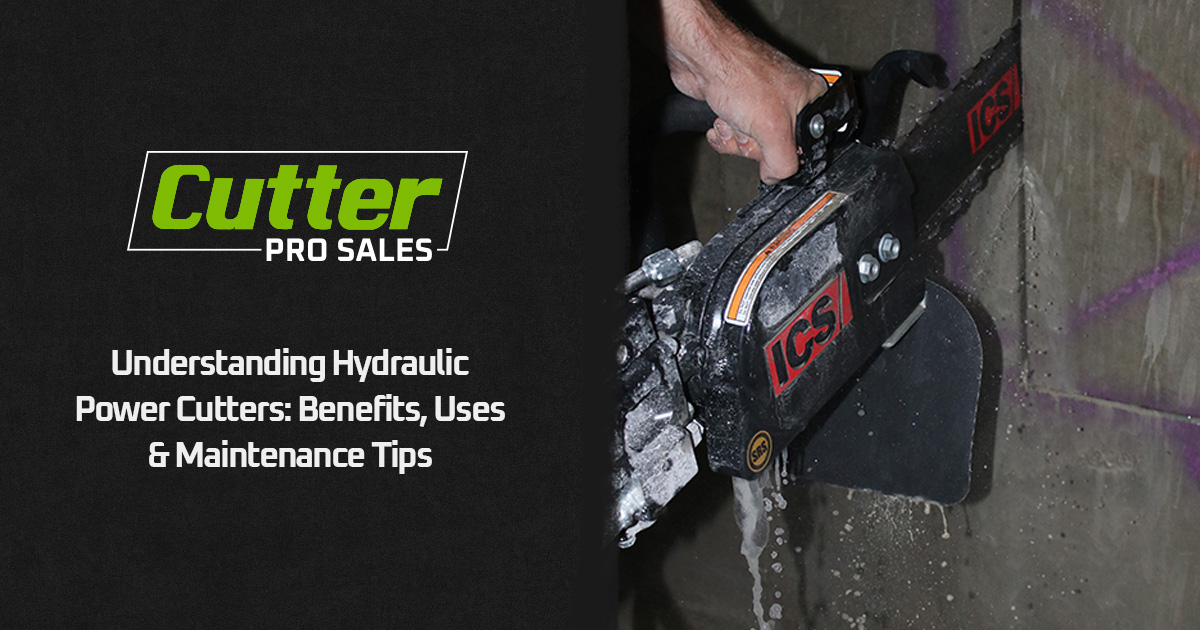 Person using a hydraulic power cutter to cut concrete, with Cutter Pro Sales text on the left.