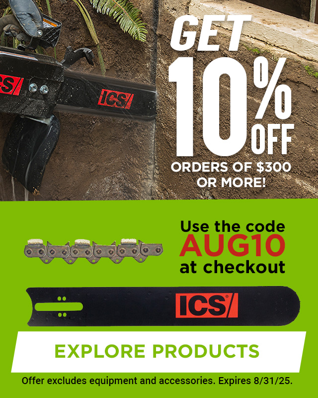 Chainsaw and chain with ICS logo, 10 off 300+ orders, code AUG10, green Explore Products box.