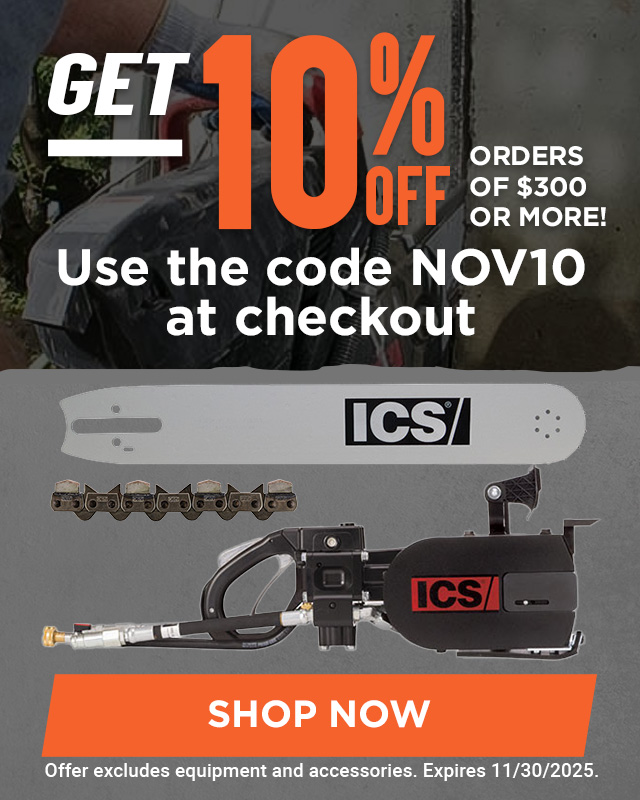 Promo for 10 off 300+ orders with code NOV10; image of ICS chainsaw. Expires 11/30/2025.