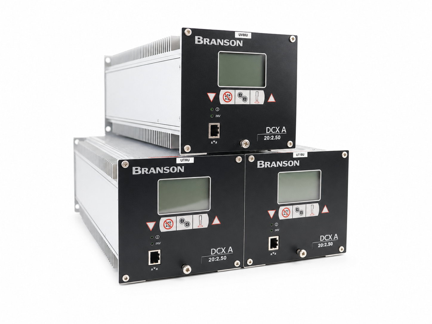 Front view of a Branson DCX A industrial electronic device with display and control buttons.