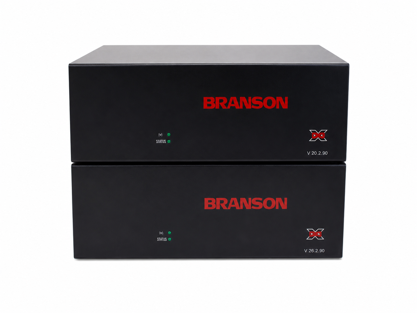 Two black electronic devices labeled BRANSON stacked on top of each other against a white background.