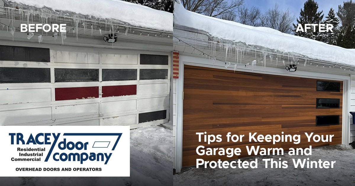 Before: Old garage door with peeling paint. After: Modern wood-look garage door with snow and icicles.