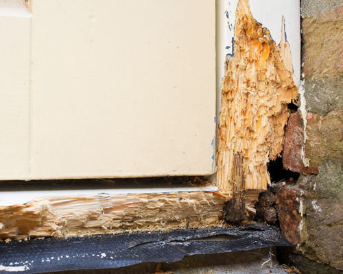 Rotting baseboard and wall in a basement corner with mold and long-term water staining.