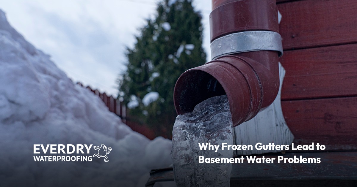 A frozen gutter downspout with ice blocking water flow beside a snow pile and trees.