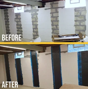 A before and after photo of a white cement wall with StablWall on it.