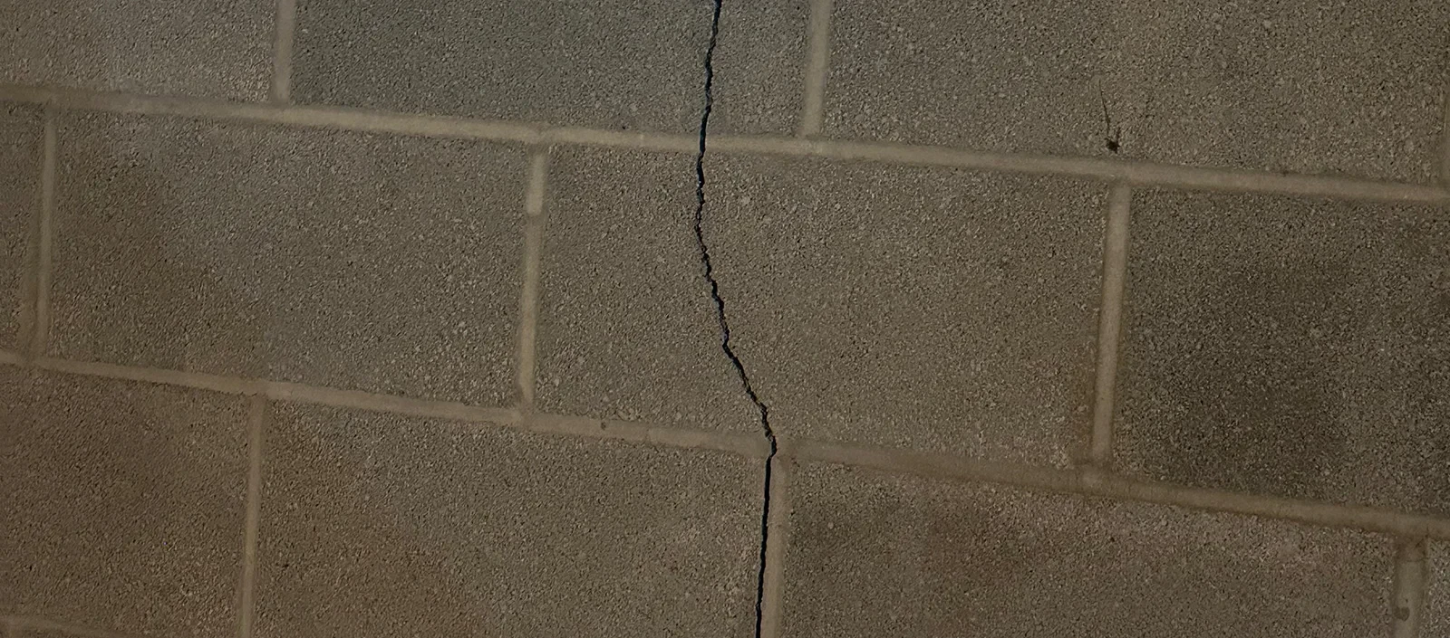 A vertical crack runs through several gray concrete blocks in a wall.