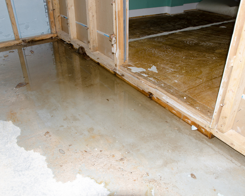 Water pooling on a concrete basement floor near a wall — a sign of active water seepage and foundation failure.