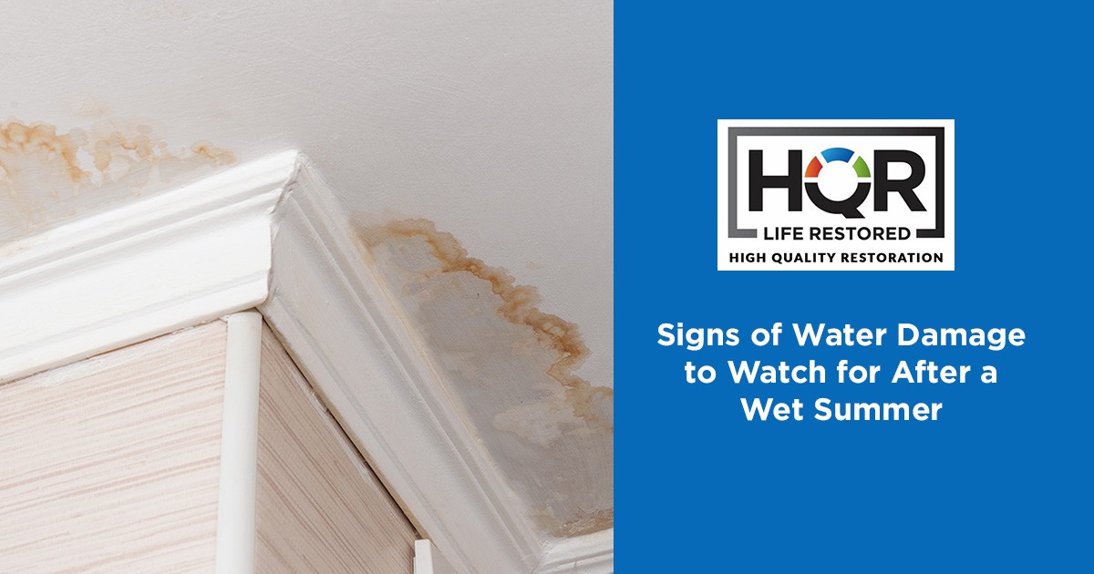 Brown water stains on a white ceiling above crown molding, with a restoration company logo.