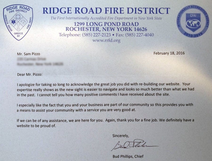 Ridge Road Fire District Website Thank You letter