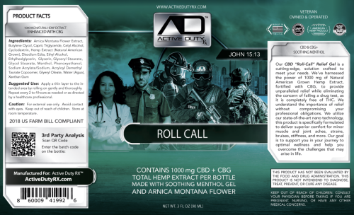 Active Duty RX™ Mentholated Roll-On Gel 1000mg CBD + CBG, 90 mL
