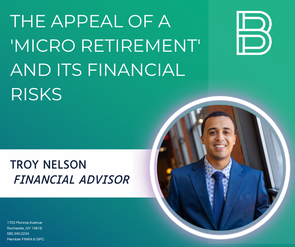 Smiling man in a suit; text discusses micro retirement and financial risks; advisors contact info.