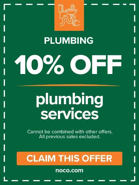 Coupon offering 50 off any toilet replacement in plumbing; claim this offer at noco.com.