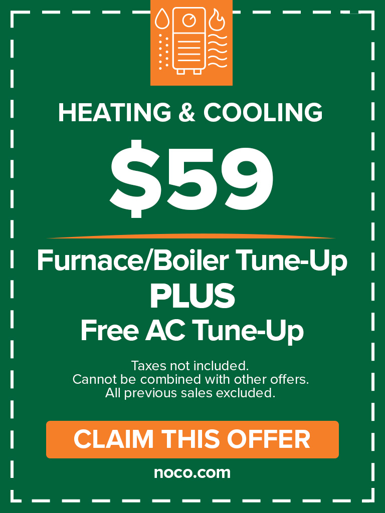 Green ad for 59 furnace/boiler tune-up, with a claim button and terms at the bottom.