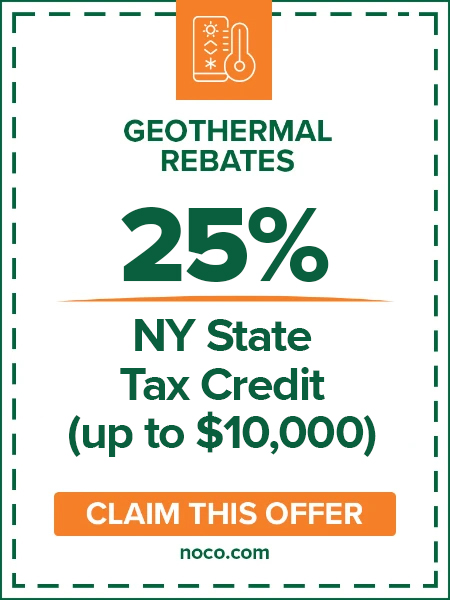 Geothermal rebate ad: 3,000 per 10,000 BTU for clean heat; claim offer at noco.com.