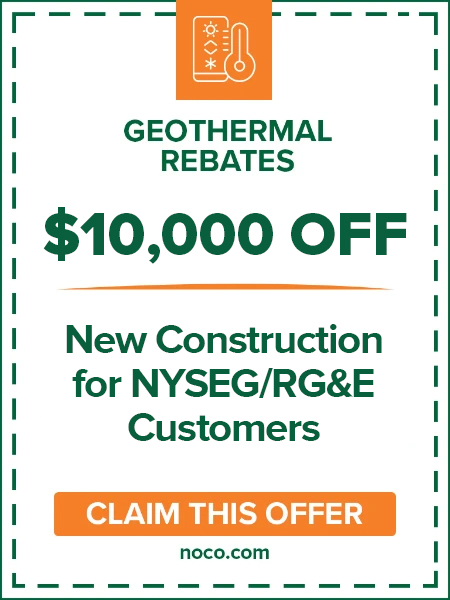 Geothermal rebate ad: 3,000 per 10,000 BTU for clean heat; claim offer at noco.com.