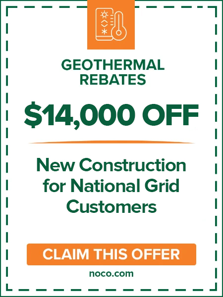 Geothermal rebate ad: 3,000 per 10,000 BTU for clean heat; claim offer at noco.com.