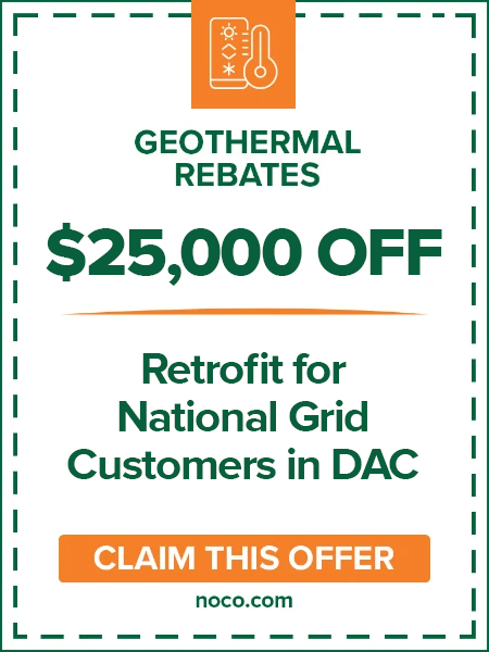 Geothermal rebate ad: 3,000 per 10,000 BTU for clean heat; claim offer at noco.com.