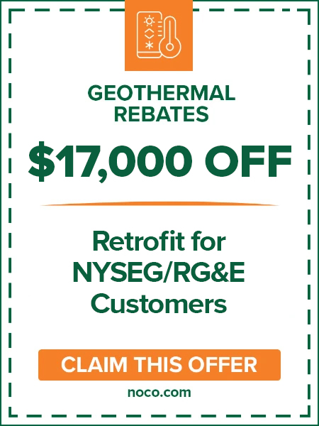 Geothermal rebate ad: 3,000 per 10,000 BTU for clean heat; claim offer at noco.com.